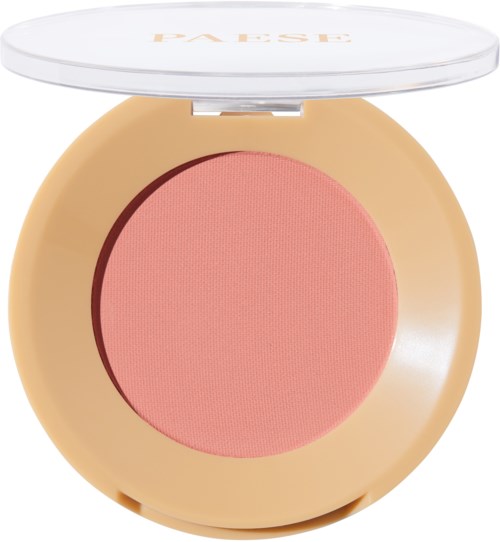 A round makeup blush in a beige case with a clear lid.
