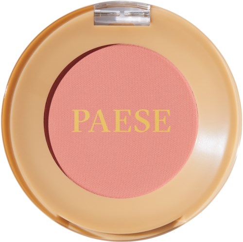 A round compact with pink blush and yellow text saying 'PAESE' inside a beige case.