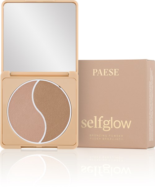 A beige compact with two shades of bronzer, a mirror inside, and a beige box labeled 'selfglow' by Paese.