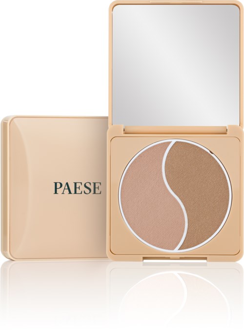 A compact makeup palette with two shades and a mirror, labeled "PAESE" on the case.