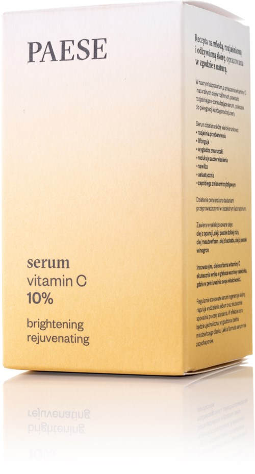 Box of skincare serum with vitamin C, labeled as brightening and rejuvenating.