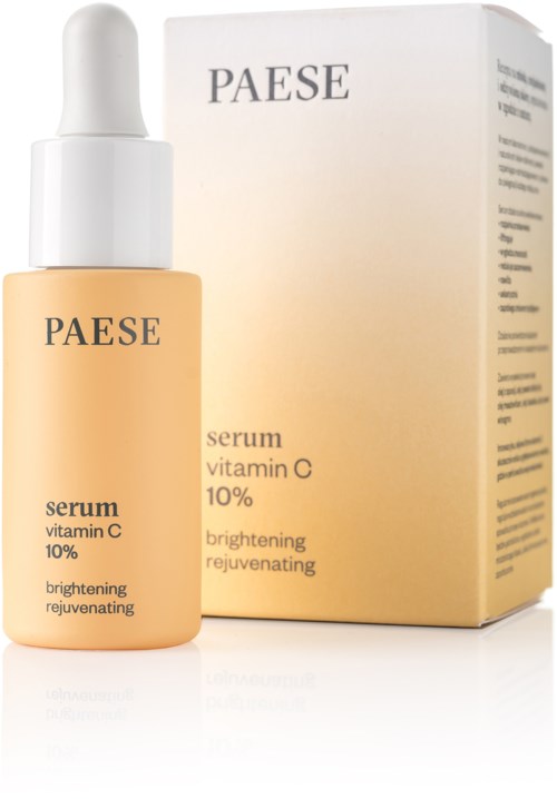 A small bottles and box of PAese Vitamin C serum with dropper, yellowish design for brightening and rejuvenating skin.