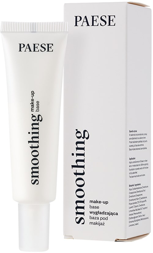 A white tube and box with black text, labeled 'PAESE smoothing make-up base'.