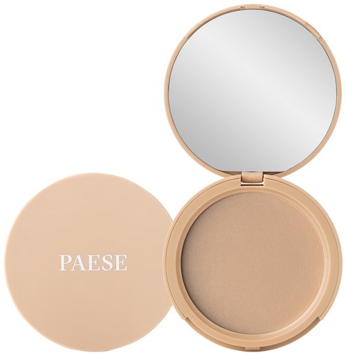 A compact beige makeup product with a mirror and the brand name PAESE on the lid.