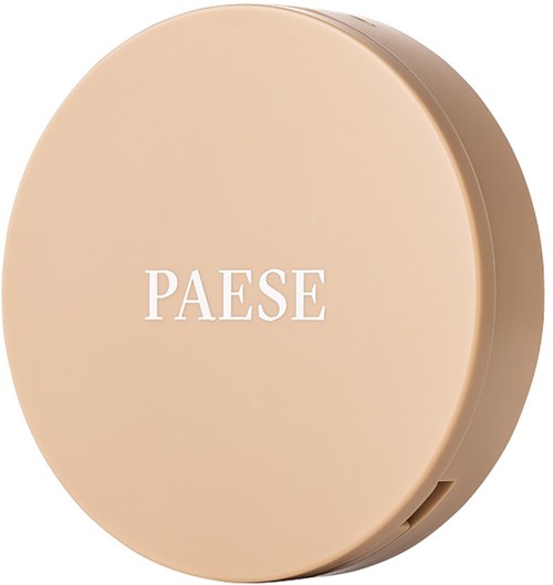 A round beige beauty product container with the word 'PAESE' printed on top.