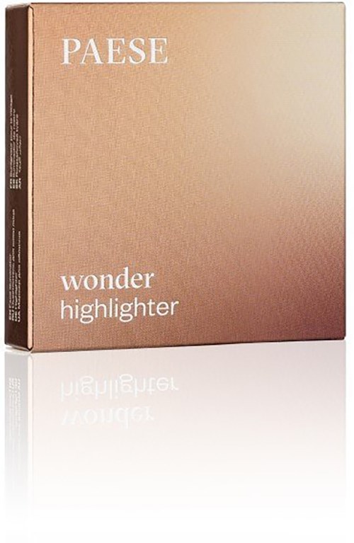 A makeup highlighter box with a beige and brown gradient design, the words "PAESE," "wonder," and "highlighter" on it.