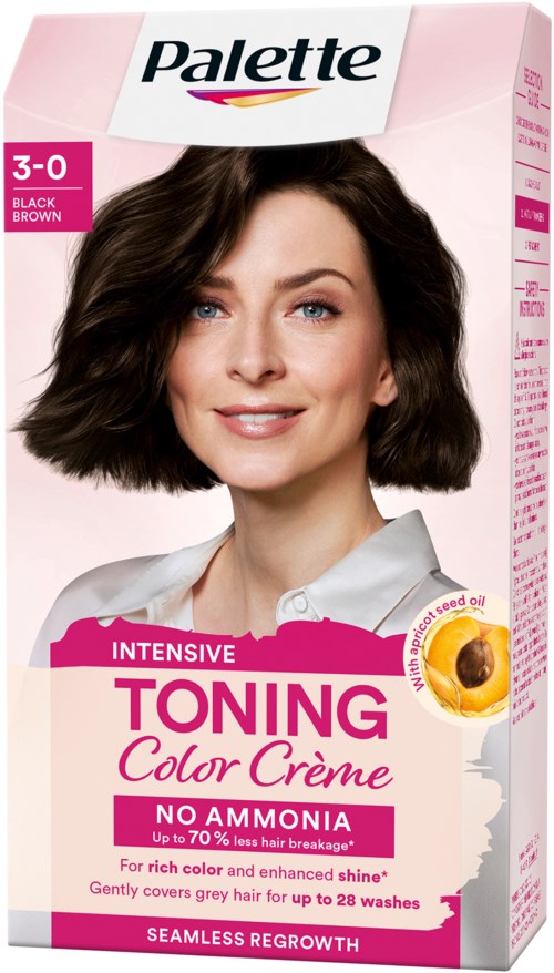 Een haarverfdoos toont een vrouw met donkerbruin haar die glimlacht. Gemerkt als Palette Intensive Toning Color Creme.