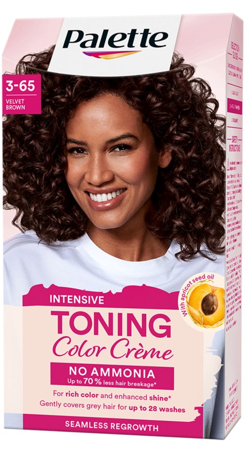 Doos haarverf met een lachende vrouw met bruin, krullend haar erop. Het zegt 'Palette' en 'Toning Color Creme'.