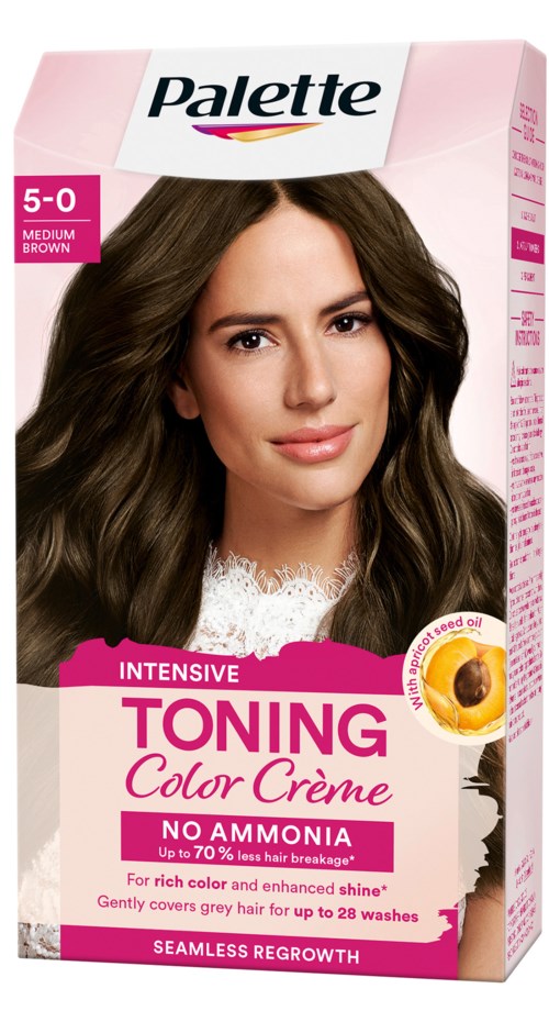 Haarkleuringdoos met een vrouw die medium bruin haar toont en roze, wit en geel verpakt.