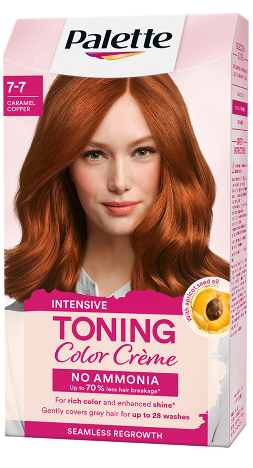 Verpakking van haarverf met een vrouw met helder rood haar. Bevat details over haarkleur en voordelen.