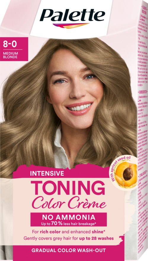 Een vrouw met lang, golvend blond haar, glimlacht, op haarverfdoos met roze en wit.