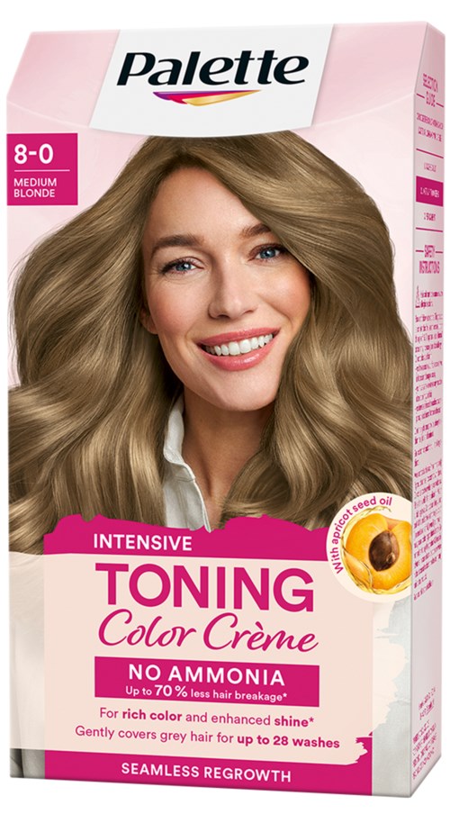 Een haarkleuringdoos met een lachende vrouw met glanzend blond haar. Merk is Palette, biedt toningscrème voor blond haar.