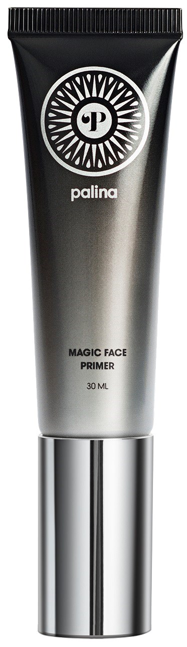 En svart och silver tub märkt Palina Magic Face Primer, 30 ml, med en logga och produktnamn på framsidan.