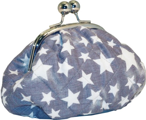 A small bag with a star pattern, metal clasp, and frame, made from blue fabric with white stars.