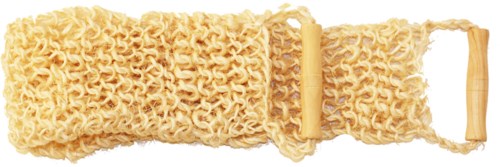 En beige färgad bälte med lockig textur, plastspänne och ögla, avsedd för att bära runt midjan.