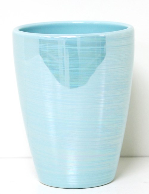 A tall, light blue ceramic pot with a smooth surface and rounded top edge.