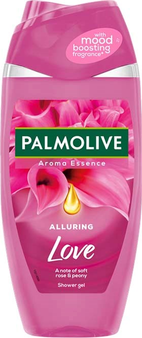 En rosa dusjsåpeflaske med bilde av en rosen og peon, merket 'Palmolive Aroma Essence Love.'