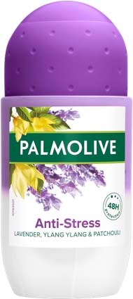 A purple and white roll-on bottle labeled Palmolive Anti-Stress with lavender, ylang ylang, and patchouli scents.