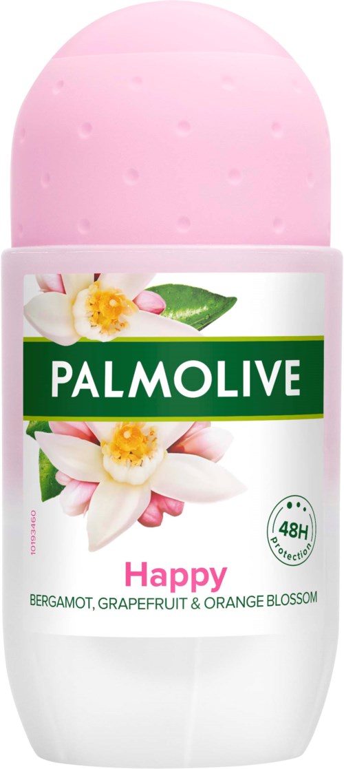 En rosa og hvit roll-on deodorant med en blomstret etikett som viser dufter av bergamot, grapefrukt og appelsinblomst.