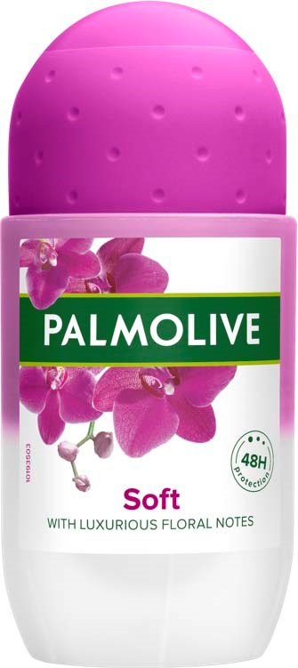 Palmolive Deodorant mit rosa Deckel, lila Blumen auf dem Etikett und grüner sowie weißer Gestaltung.