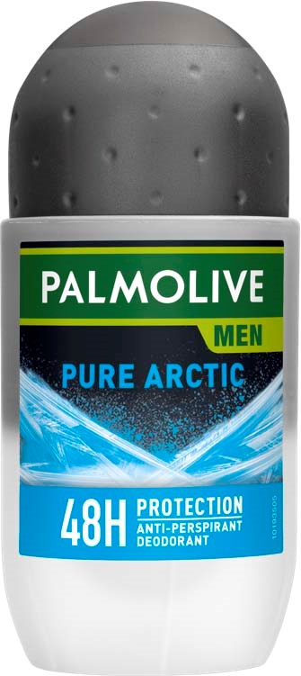 Deoroller mit 'Palmolive Men Pure Arctic'-Etikett, blau-weiß, bietet 48 Stunden Schutz.