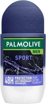 A Palmolive Men Sport deodorant stick with blue cap, green and purple label, highlighting 48H protection and anti-perspirant features.