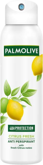 Sitrusduft med sitrusbilder, Palmolive-merke og antiperspirant påstand, vekt på friskhet og beskyttelse.