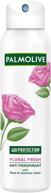 A white can of Palmolive floral fresh anti-perspirant deodorant with pink roses and green leaves.