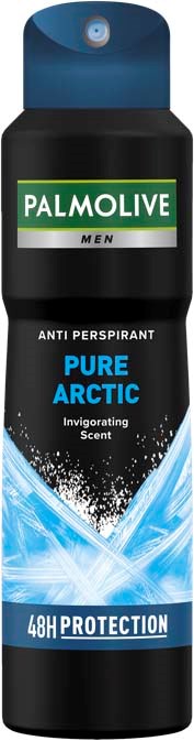 A black and blue aerosol can of Palmolive men's deodorant with icy graphics and white text.