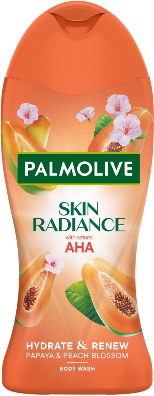 En flaske Palmolive kroppsvask med papaya- og ferskenblomstduft, med bilder av frukt og blomster.