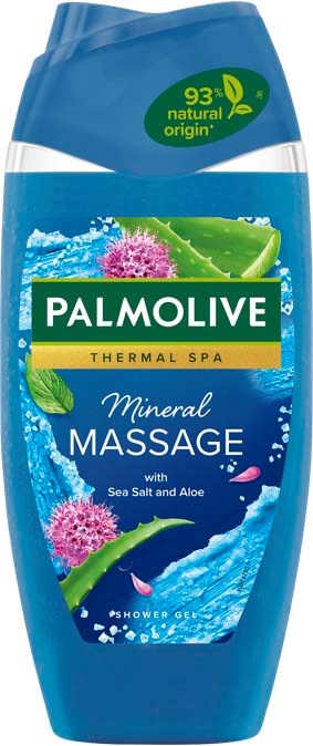 A blue bottle of Palmolive Mineral Massage shower gel with aloe and sea salt, featuring a splash of water and flowers.