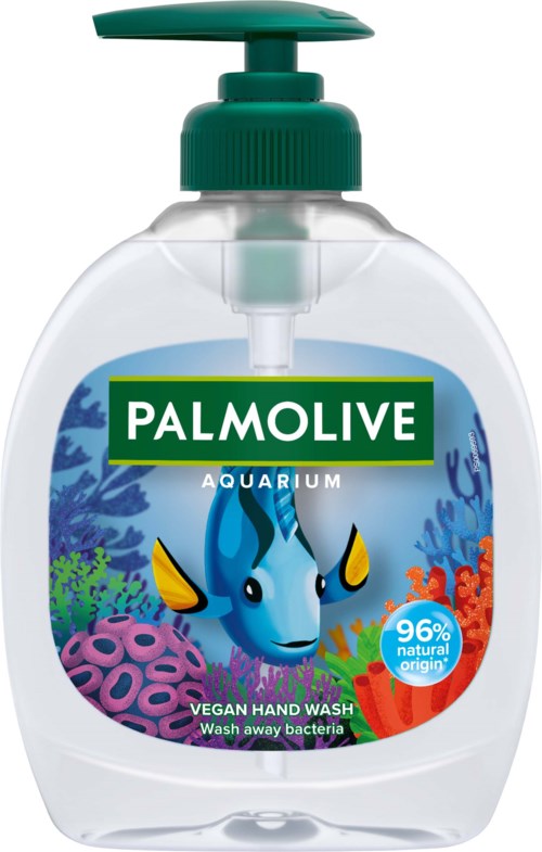 En gjennomsiktig håndsåpeflaske med en tegneserieaktig fisk og fargerik koraller, med en grønn pumpe og Palmolive-logo.