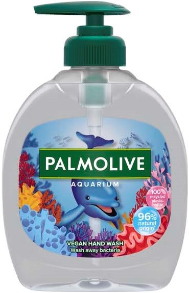 En Palmolive håndsåpeflaske med akvaryumtema og pumpe, med fargerike koraller og fisker på etiketten.