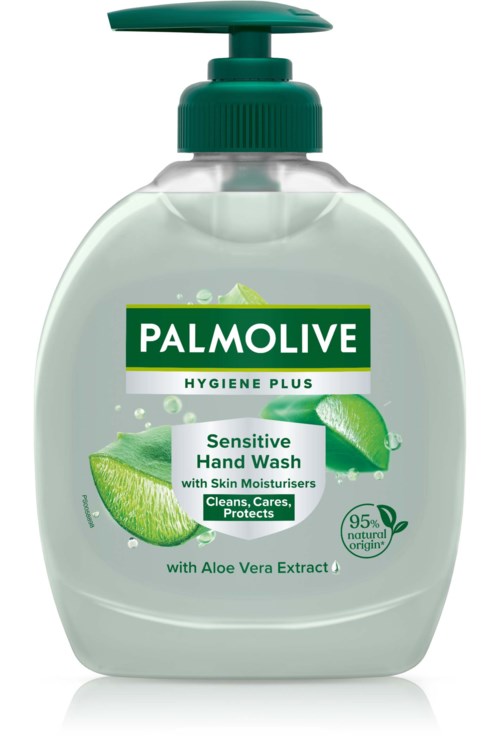 En klar såpeflaske med grønn pumpe, etiketten viser palmetrær, sitron, aloe vera og tekst om håndvask.