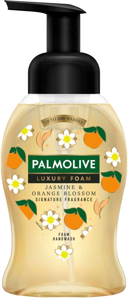En flaske Palmolive luksus skum håndsåpe med jasmin og appelsinblomstduft, dekorert med blomster og appelsiner.