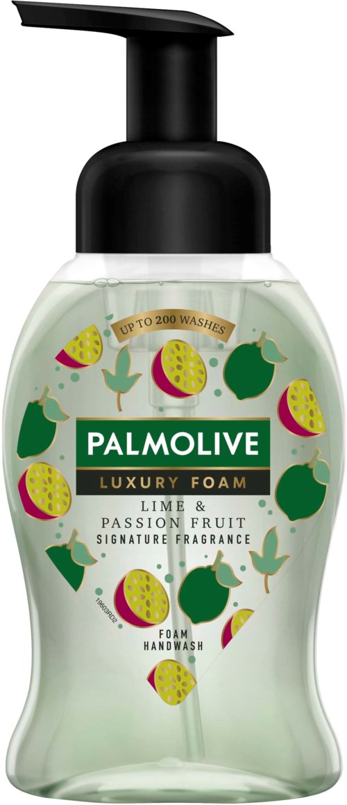Palmolive luxury foam handwash bottle with lime and passion fruit scent, featuring green and yellow fruit graphics.