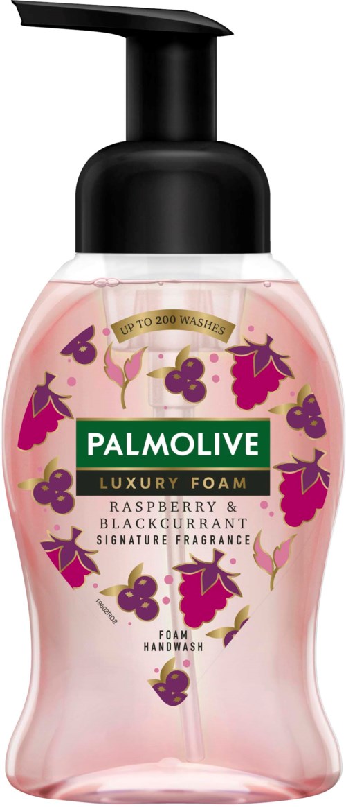 A pink liquid soap bottle with a black pump, decorated with raspberry and blackcurrant illustrations, labeled 'Palmolive Luxury Foam'.