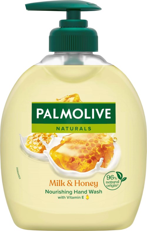 Palmolive pflegende Handseife mit Milch und Honig, grüner Pumpkopf und gelbe Flüssigkeit.