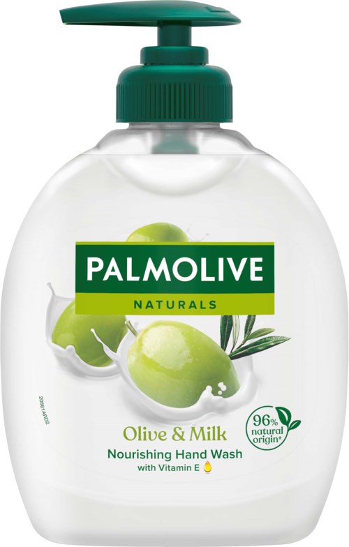 En vit handtvålflaska med grön pump, märkt 'Palmolive Naturals' och 'Olive & Milk' med bilder av oliver.