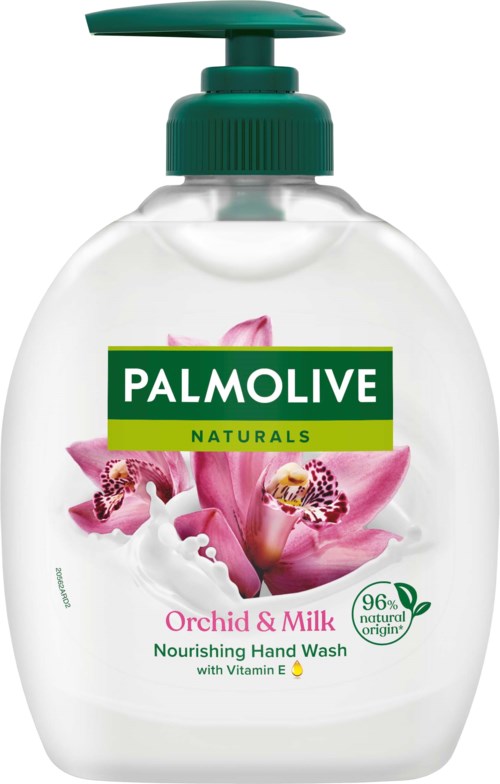 A hand soap bottle with a pump, labeled Palmolive Naturals, Orchid & Milk, containing nourishing hand wash.