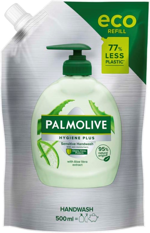 A palmolive handwash refill pack with aloe vera, eco-friendly label, 77% less plastic, and 500 ml size.