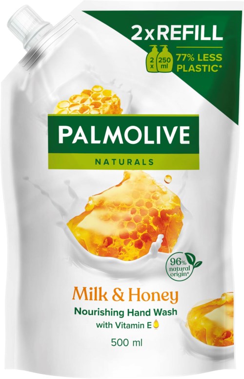 Refill pouch for Palmolive Naturals hand wash, honey and milk scent, 500ml, with vitamin E, 77% less plastic.