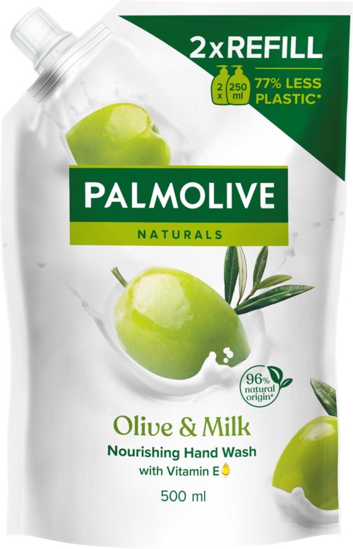 Påfyllingspose for Palmolive håndsåpe med grønne epler og blader, med tekst om ingredienser og miljøvennlige detaljer.