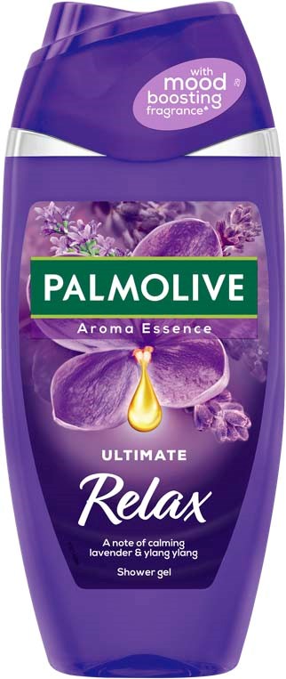 Purple shower gel bottle with lavender and ylang ylang flowers and a golden drop. The label has green, white, and purple colors.