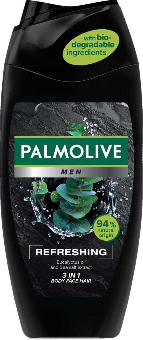 Black bottle with green label, palm tree logo, and water splash, indicating men's body wash with eucalyptus and sea salt.