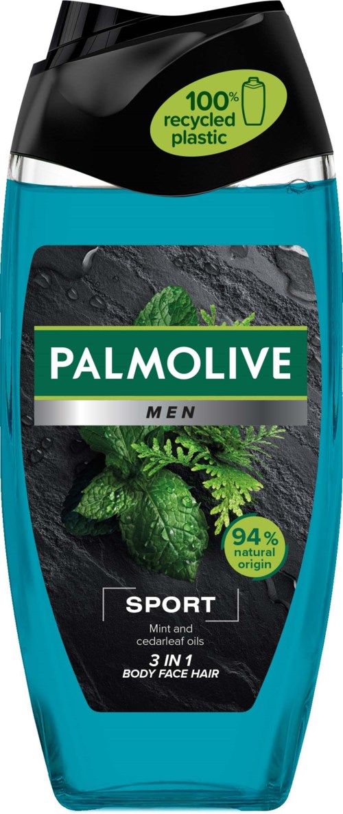 Żel pod prysznic Palmolive Men Sport w niebieskiej butelce, zawiera olejki mięty i cedru, do ciała, twarzy i włosów.