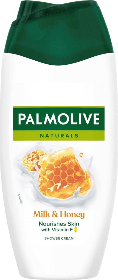 En hvit dusjsåpeflaske med grønt lokk, etiketten sier Palmolive Naturals Milk & Honey, nærer huden, vitamin E.