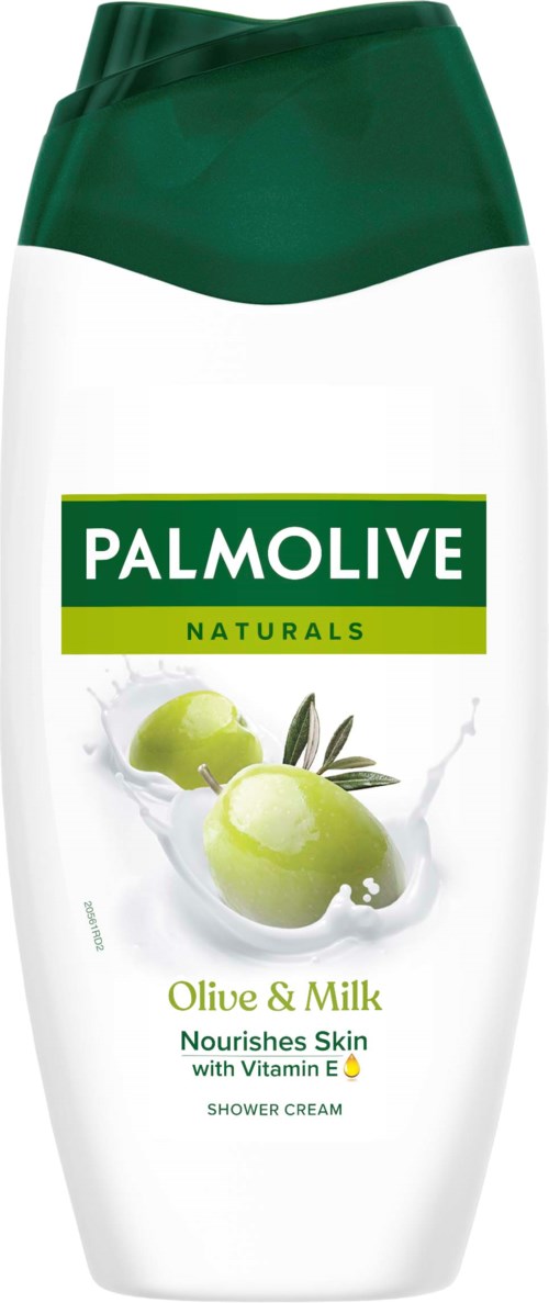 Shower cream with olive and milk, promotes skin nourishment, added vitamin E, presented in a white and green bottle.