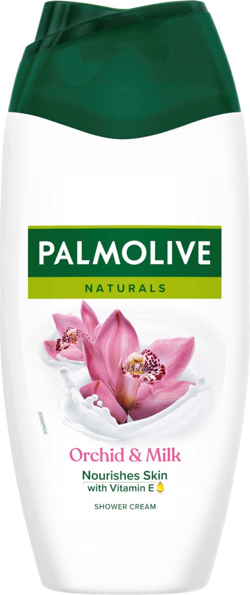 Palmolive Naturals suihkusaippuala, orkidea ja maito, vaaleanpunaiset orkideat etiketissä, vihreä korkki, valkoinen pullo.