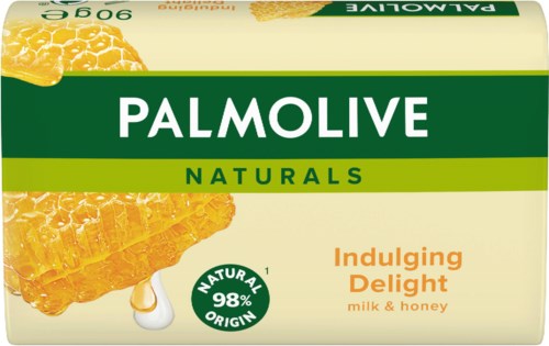 A soap or skincare product with honey and milk, branded as Palmolive Naturals, labeled as indulgent delight.